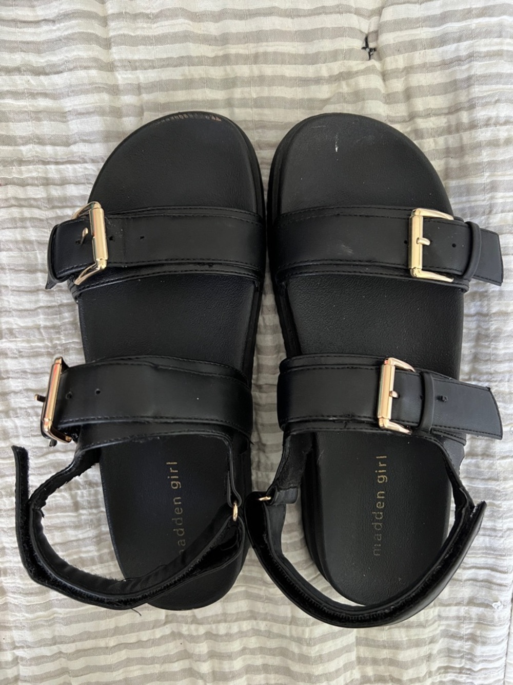 Madden Girl Black Sandals with Gold Buckles